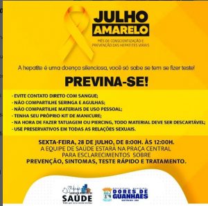 💛 Julho Amarelo: Unindo forças contra as Hepatites Virais! 💛 Junte-se a nós nesta sexta-feira, dia 28 de julho, das 08h às 12h, na Praça Central de Dores de Guanhães.
