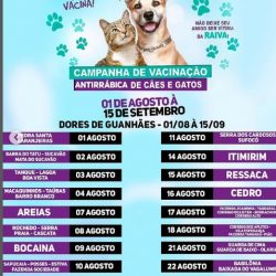 🐾 Proteção garantida para nossos melhores amigos! 🐶🐱 De 01 de agosto à 15 de setembro, a cidade de Dores de Guanhães se mobiliza para a Campanha de Vacinação Antirrábica de cães e gatos.