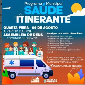 Ampliando o acesso aos serviços em Saúde do município, a Prefeitura de Dores de Guanhães, através da Secretaria de Saúde, ofertará vários atendimentos no Programa Municipal Saúde Itinerante