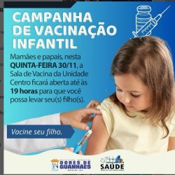 Atenção Mamães e papais, nesta QUINTA-FEIRA 30/11, a Sala de Vacina da Unidade Centro ficará aberta até às 19 H para que você possa levar seu(s) filho(s).