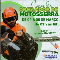 Nos dias 04 a 06 de março de 07 às 16 horas acontecerá na Fazenda do Dr Virgílio, em Dores de Guanhães-MG, o curso de Operador de Motoserra.