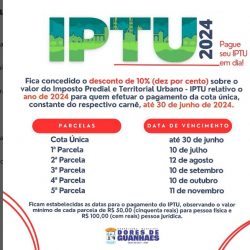 A Prefeitura de Dores de Guanhães, está concedendo um desconto de 10% do valor do IPTU para todos os contribuintes que efetuarem o pagamento em *cota única* *até o dia 30 de junho de 2024*