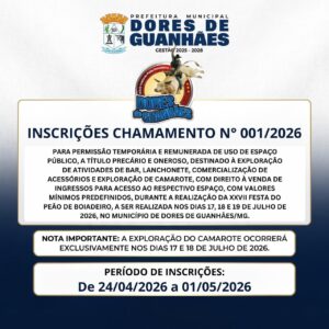 Leia mais sobre o artigo INSCRIÇÕES CHAMAMENTO Nº 001/2026