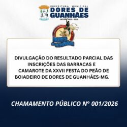 DIVULGAÇÃO DO RESULTADO PARCIAL DAS INSCRIÇÕES DAS BARRACAS E CAMAROTE DA XXVII FESTA DO PEÃO DE BOIADEIRO DE DORES DE GUANHÃES-MG.