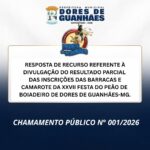 RESPOSTA DE RECURSO REFERENTE À DIVULGAÇÃO DO RESULTADO PARCIAL DAS INSCRIÇÕES DAS BARRACAS E CAMAROTE DA XXVII FESTA DO PEÃO DE BOIADEIRO DE DORES DE GUANHÃES-MG.