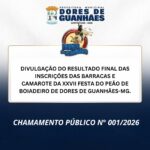 DIVULGAÇÃO DO RESULTADO FINAL DAS INSCRIÇÕES DAS BARRACAS E CAMAROTE DA XXVII FESTA DO PEÃO DE BOIADEIRO DE DORES DE GUANHÃES-MG.