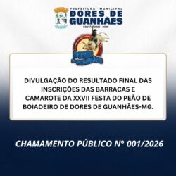 DIVULGAÇÃO DO RESULTADO FINAL DAS INSCRIÇÕES DAS BARRACAS E CAMAROTE DA XXVII FESTA DO PEÃO DE BOIADEIRO DE DORES DE GUANHÃES-MG.